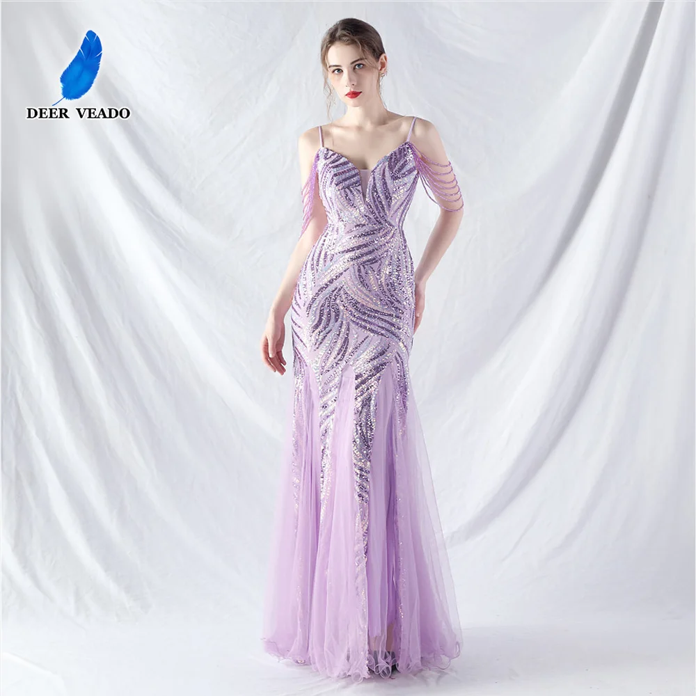 

Вечерние платья DEERVEADO с глубоким V-образным вырезом и пайетками, женское вечернее платье макси с бисером, выпускные платья, платья для выпускного бала, торжественные платья