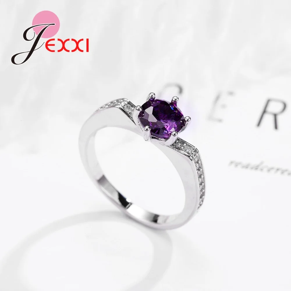 New Fashion Women Wedding Romantic Love 925 Sterling Silver Color Rings Prong Setting Purple/Green Cubic Stones Engagement Ring