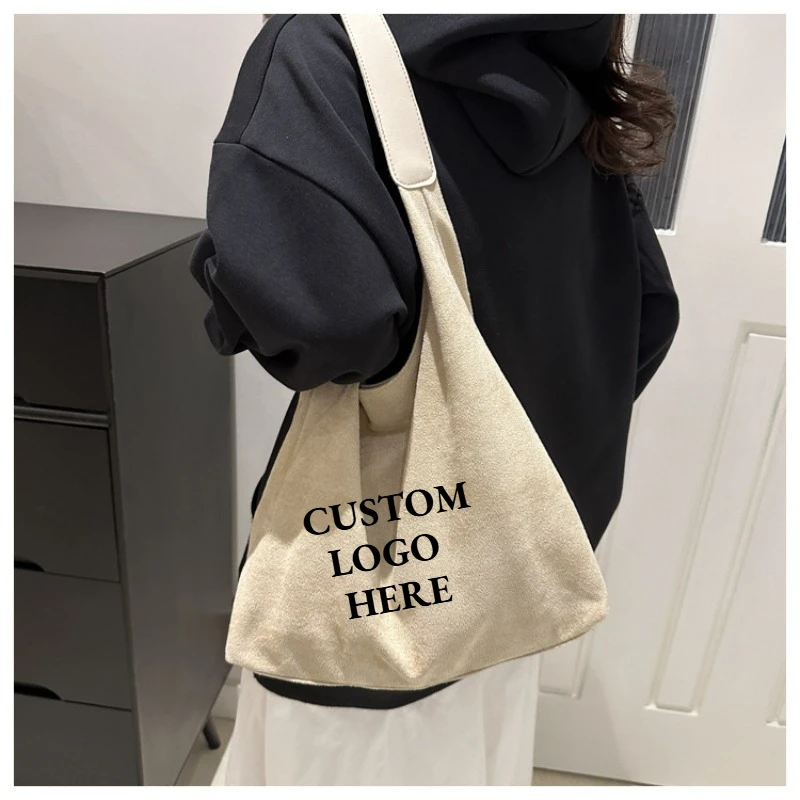 New Custom Printed Logo Autumn and Winter Retro Suede Shoulder Bag Fashionable and Versatile Commuting Large Capacity Tote Bags