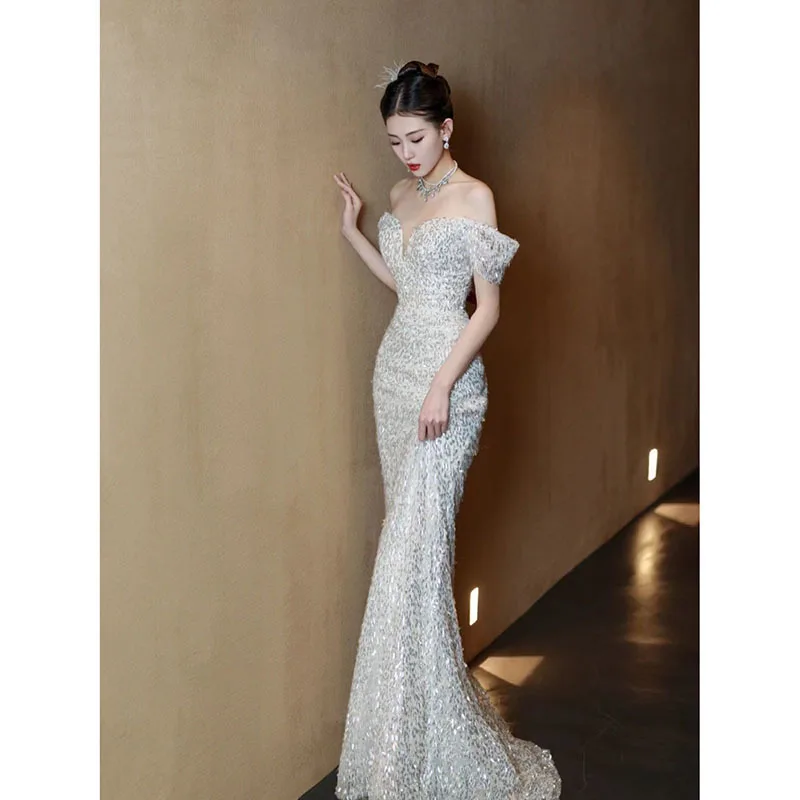 2024 Luxury Beading Mermaid Celebrity Dresses Boat Neck French Sequins Vintage Corset White High-end Wedding Party Bridal Gown