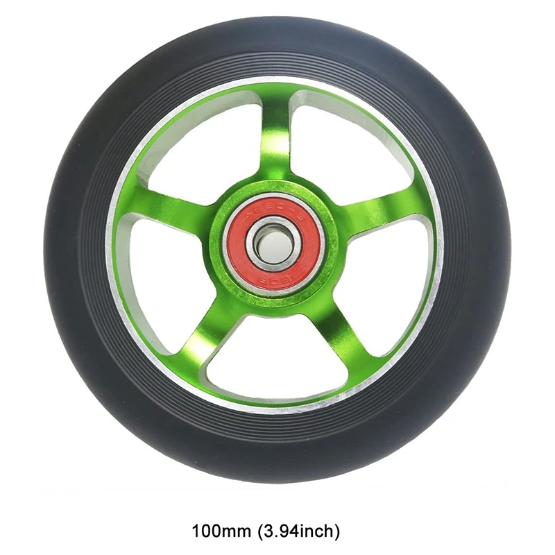 2Pcs 100mm Scooter Replacement Wheels with Bearings Aluminum Wear-Resistant PU Scooter Parts Scooter Accessories,Green