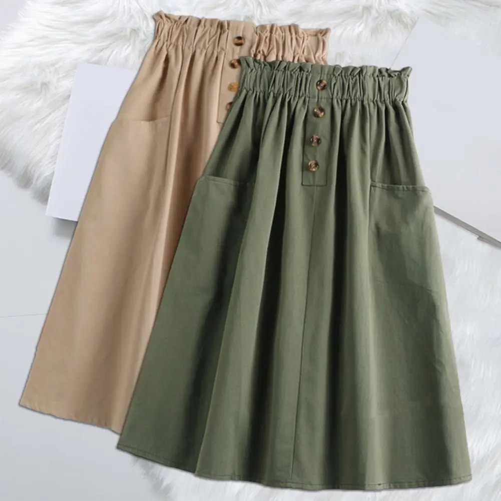 A-line Pleated Skirts Women Casual Skirt Elastic High Waist A-Line Skirt with Large Hem Solid Color Buttons Decor Midi Skirt