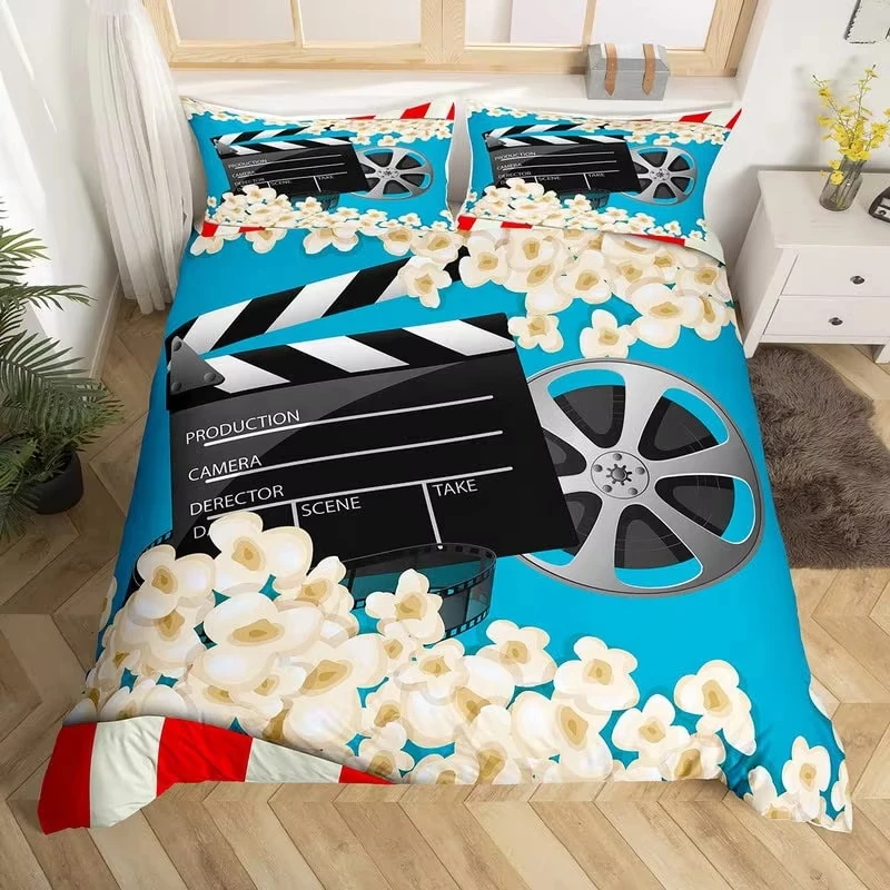 Movie Time Comforter Cover Movie Theater Bedding Set Cinema Poster Duvet Cover Microfiber Popcorn Movie Snacks Bedspread Cover