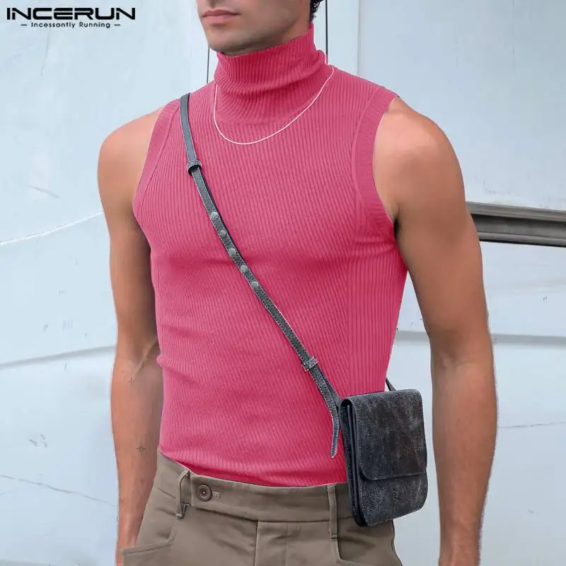 INCERUN 2024 Men Tank Tops Solid Color Turtleneck Sleeveless Knitted Casual Vests Men Streetwear Fitness Fashion Men Clothing