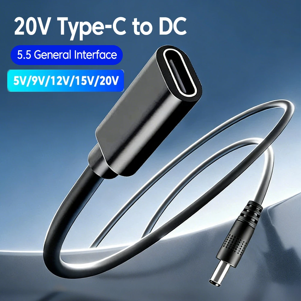 Adaptador de Cabo Tipo C Fêmea para DC Macho 5V/9V/12V/15V/20V USB C para Adaptador de Energia Universal DC 55*21mm para Laptop e Roteador