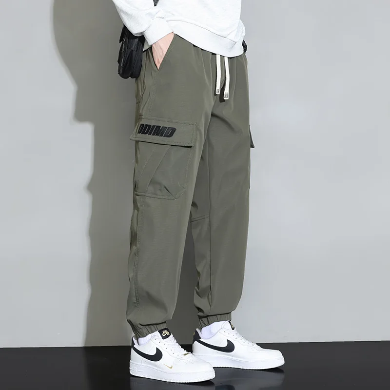 

Preppy Style Cargo Bloomers Trousers Letter Printing Drawstring Pockets Elastic High Waisted Men's Spring Autumn Vintage Pants