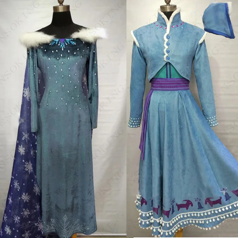 

Snow Queen Prince Elsa Anna Dress with Hat Cosplay Halloween Costume Pleuche Suede Fabric Custom Made