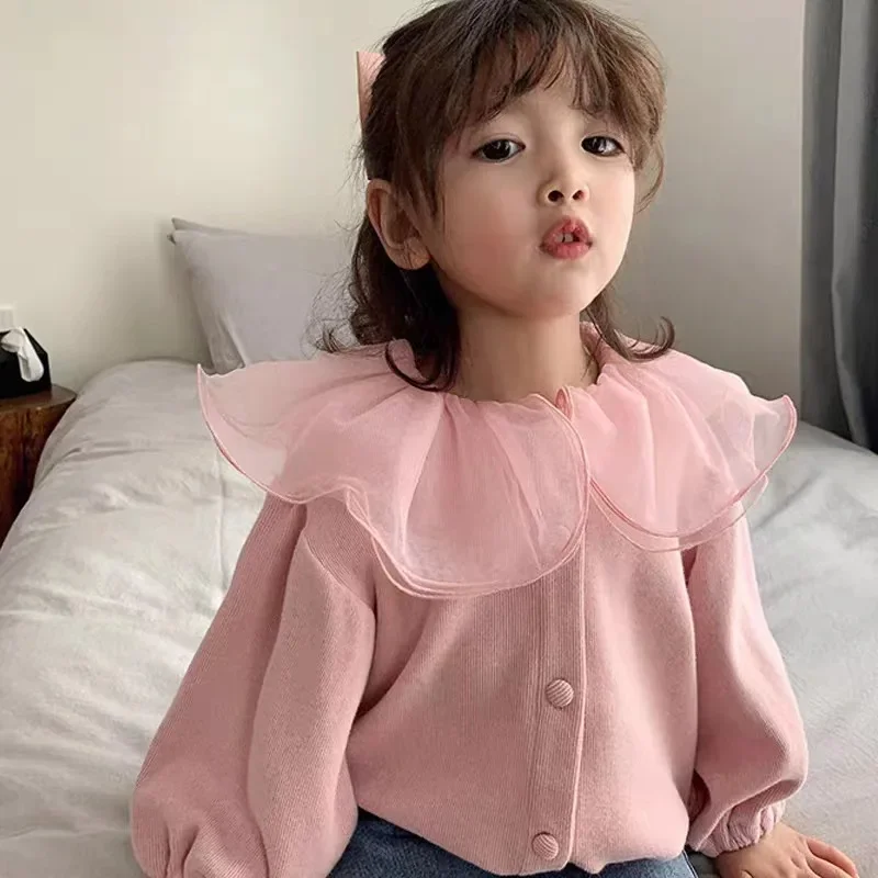 

Spring and Autumn Girls' Clothing Jacket Baby Children's Personality Trendy Brand Korean Mesh Lace Collar Stylish Cardigan