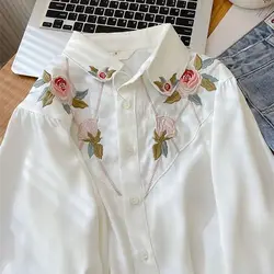 Women Clothing Autumn New Chinese Style Top Tee Female Fashion Embroidered Turn-down Collar Long Sleeve Blouse Simplicity Shirts