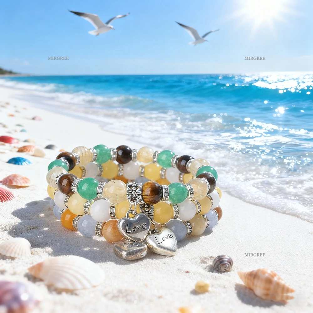 3pcs Love Pendant Natural Stone Bracelet, Energy Healing/Meditation/Yoga Multi Layer Beaded Jewelry,Excellent Gift for Explorers