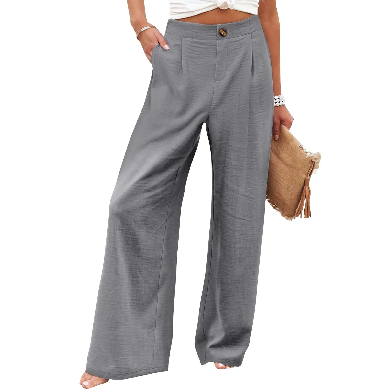 2025 Summer Comfortable High-waisted Trousers Button-elastic Waist Wide-leg Trousers Women's Casual Straight-leg Trousers