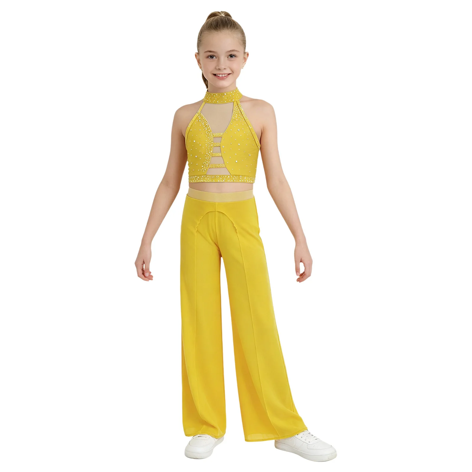 Kids Girls Lyrical Jazz Modern Dance Costume Ballet Gymnastics Outfits Halter Sleeveless Rhinestones Mesh Crop Top with Pants