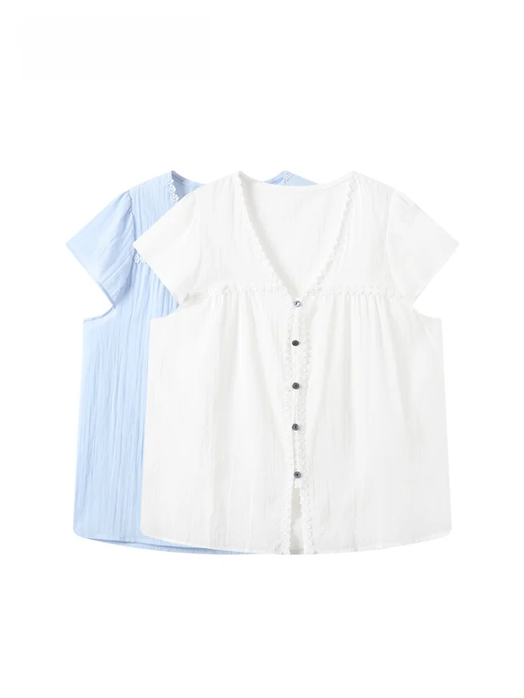 

Casual Short Sleeve Shirt Women's plus Size Summer New Style Versatile Loose College Style Top Sweet Style Lace Splicing Thin