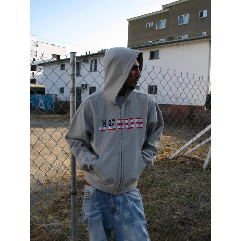 Autumn and winter American loose fashion street casual personality letter colorful printed hooded cardigan sweatshirt