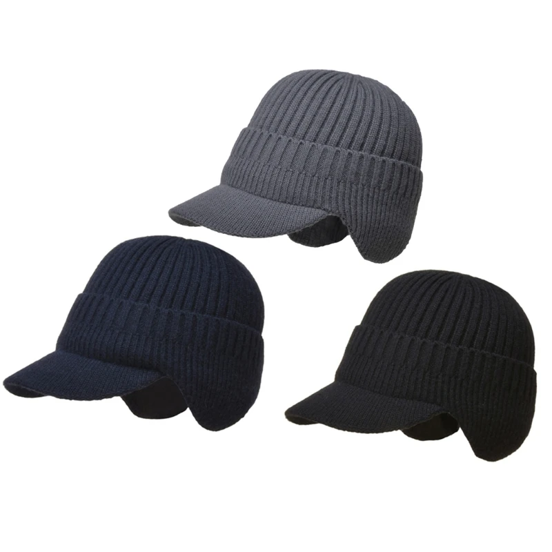 Men Winter Visor Brim Earflap Beanie Hat Knitted Thicken Plush Lined Skullies Baseball Cap Windproof Neck Warmer