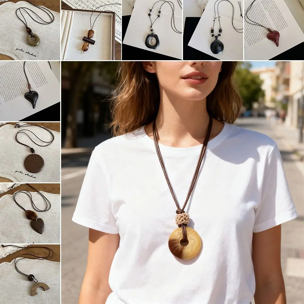 Vintage Boho Sweater Chain Hollow Leaves Leather Chain Clothing Pendant Handmade Long Wooden Pendant Necklace for Women Men
