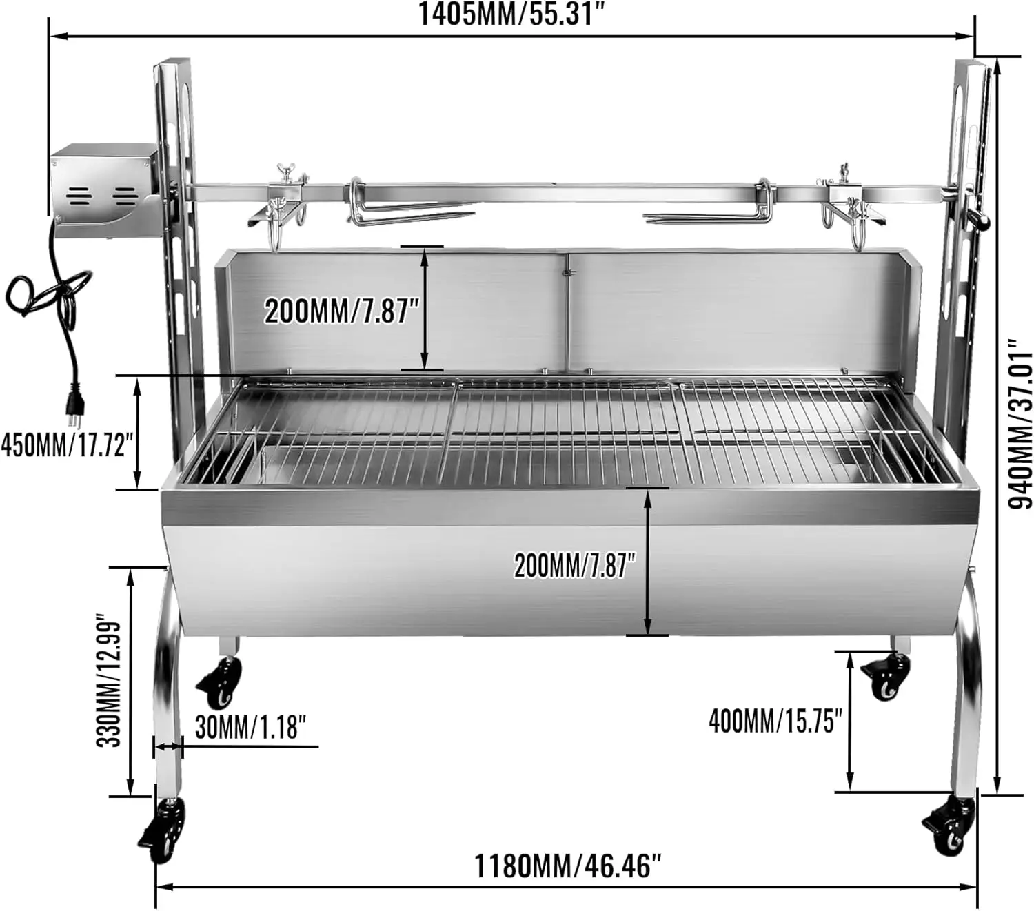 176 Lbs Stainless Steel Rotisserie Grill With Back Cover Guard, 25W Motor Small Pig Lamb Rotisserie Roaster, 48.7 Inch Bbq