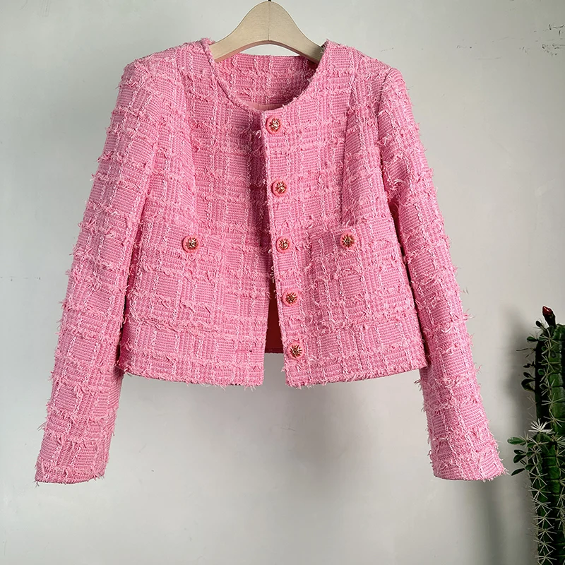 jaqueta feminina de manga comprida de tweed cabolsa rosa com gola em o jaqueta casual feminina doce chique coreano azul frances fragrancia pequena alta qualidade novo 01