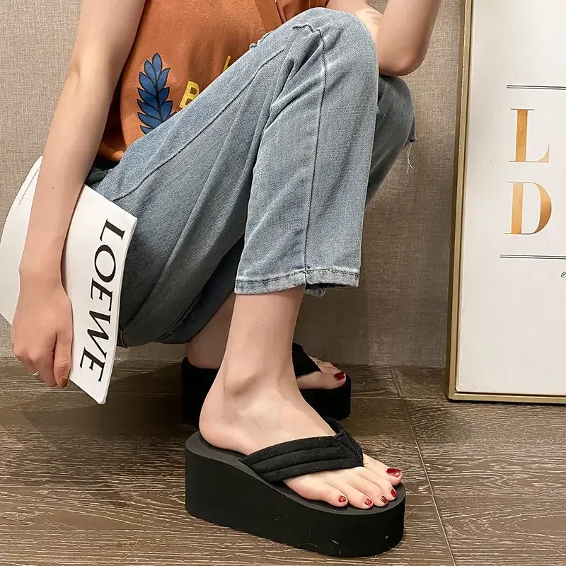 Fashion Flip Flops Casual Women\'s Slippers New Platform Beach Shoes for Woman Summer Wedge Heel 10cm Black Non-slip Comfortable