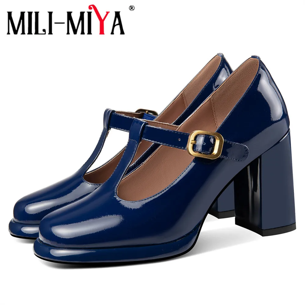 

MILI-MIYA Classic Mary Janes Shoes Women Cow Leather Pumps Round Toe Buckle Strap Thick Heels Big Size 34-40 Office Career Shoes