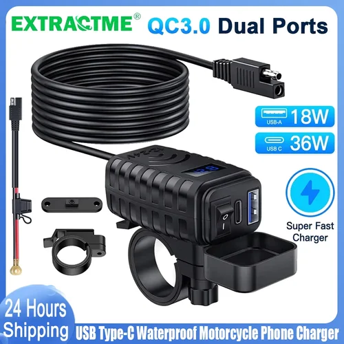 Extractme-cargador rápido USB para motocicleta, enchufe impermeable con toma de corriente tipo C QC3.0, cargador de teléfono para Moto con voltímetro y interruptor