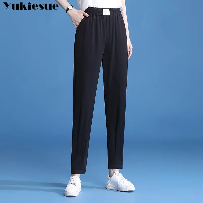 Элегантные длинные офисные женские брюки 2022, летние эластичные женские широкие брюки с высокой талией, свободные шаровары, женские брюки