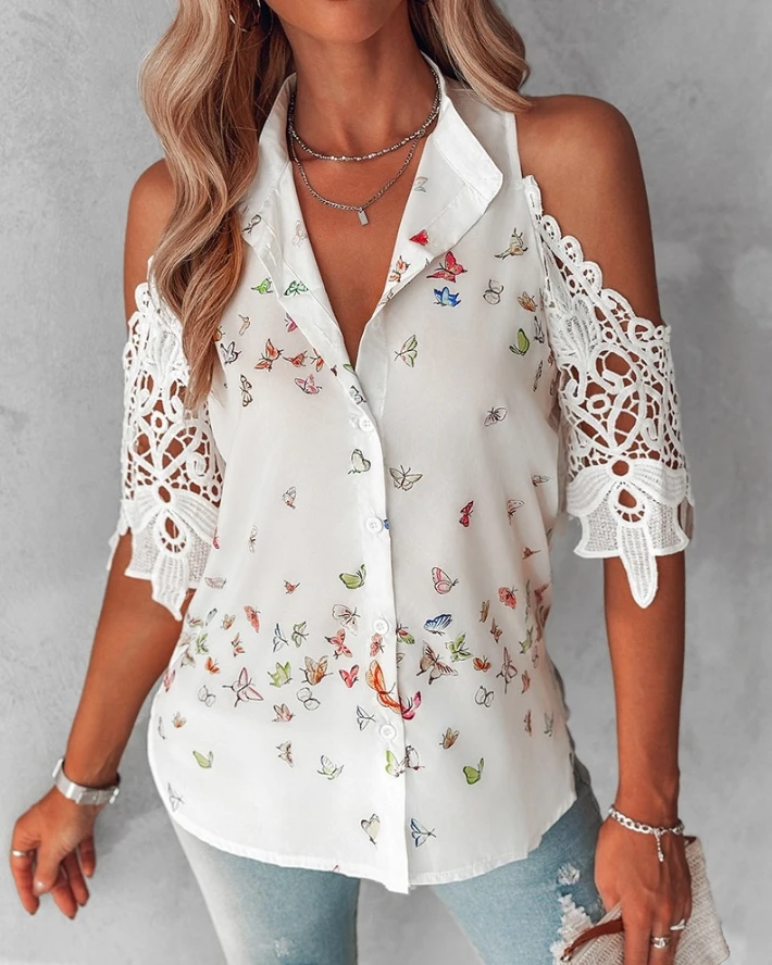 Top Women 2024 Spring Fashion Butterfly Print Lace Patch Cold Shoulder Casual Three Quarter Length Button Daily Shirt Top