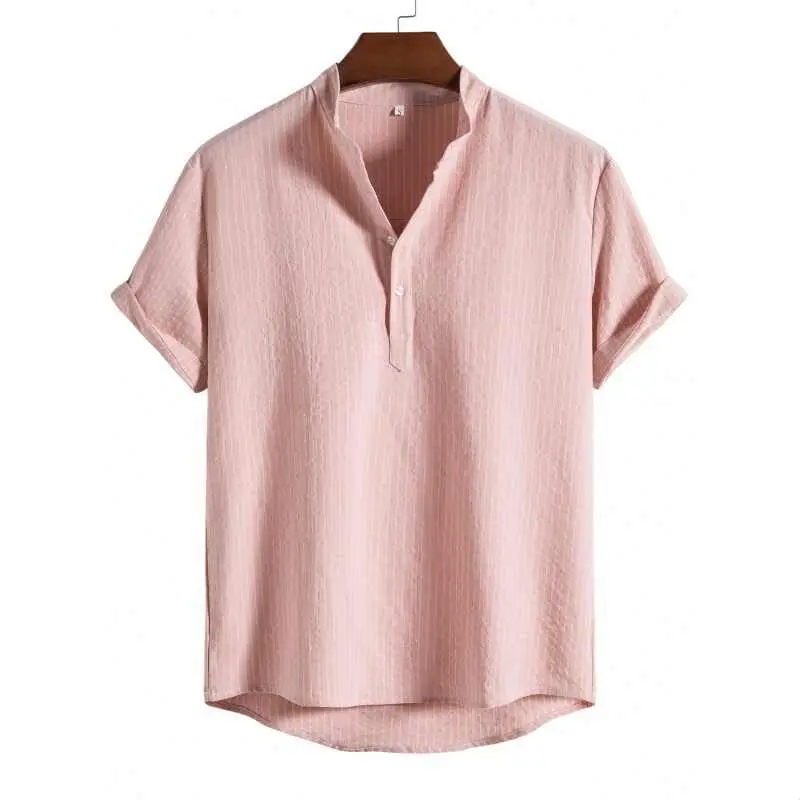 Men's Ethnic Stand Collar Striped Short Sleeve Shirt PU Leather Thickened Fleece Mid-aged And Elderly Suitable Cleanfit Style...