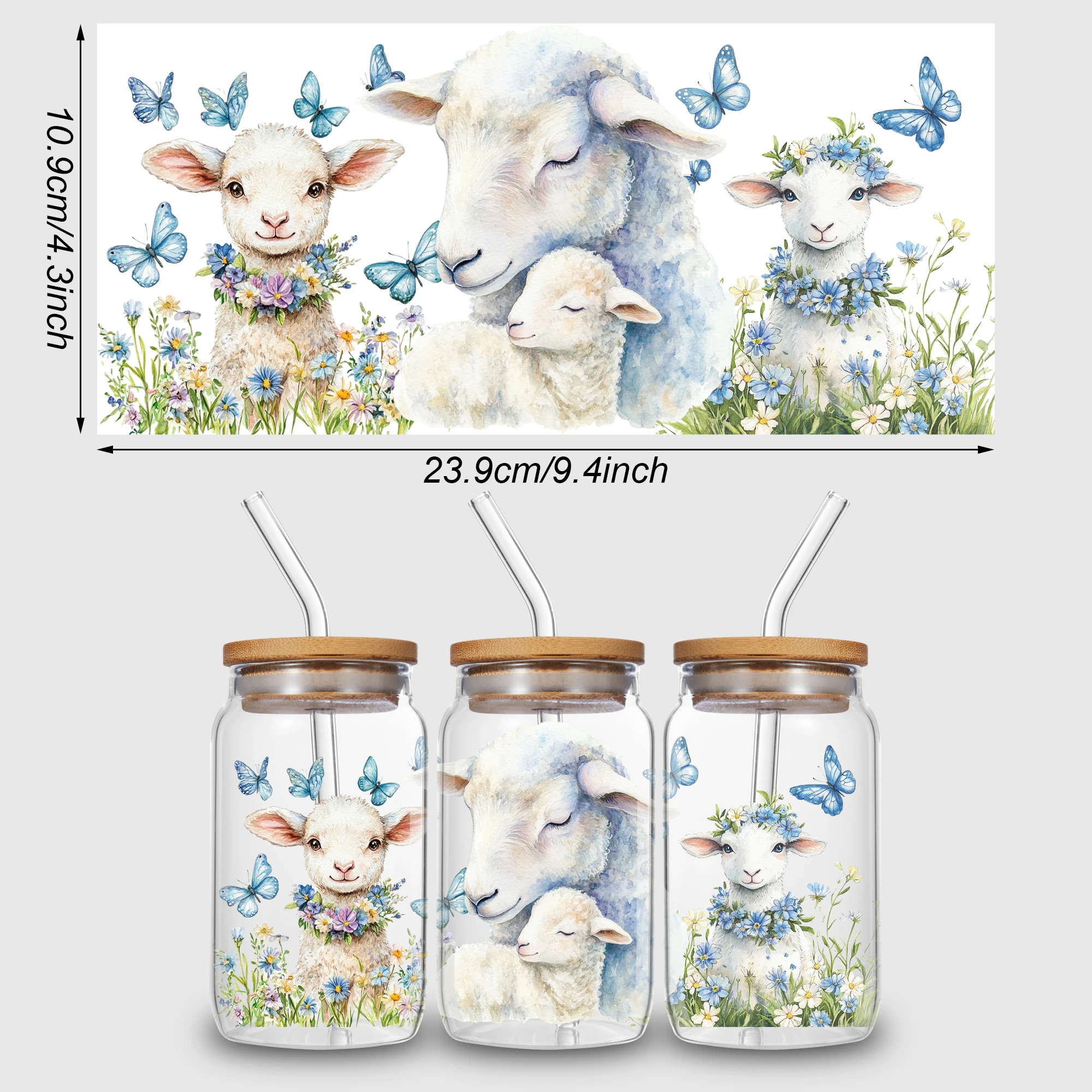 5 Sheep DTF Cup Stickers, Glass Cup DTF Transfer Stickers, Waterproof Wipeable Transfer Paper, Suitable for 16 Ounce Glass Cups