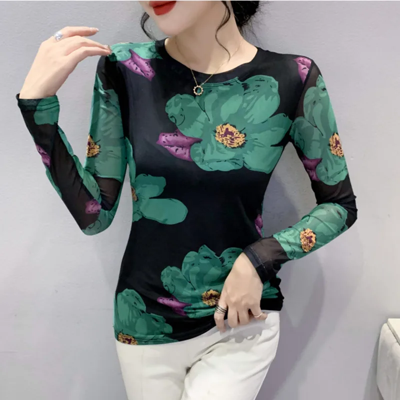 

#5948 Spring Autumn Flower Printed Mesh Quick Dry Long Sleeve T Shirt Women Black Skinny Tshirt Vintage Office Womens Tee Shirts