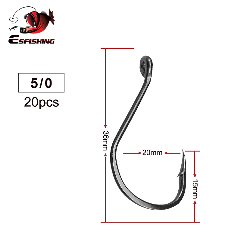 ESFISHING Fishing Hook High Carbon Steel Hooks 20PCS 1/0 2/0 3/0 4/0 High Strength Single Eye Hooks For Soft Lure