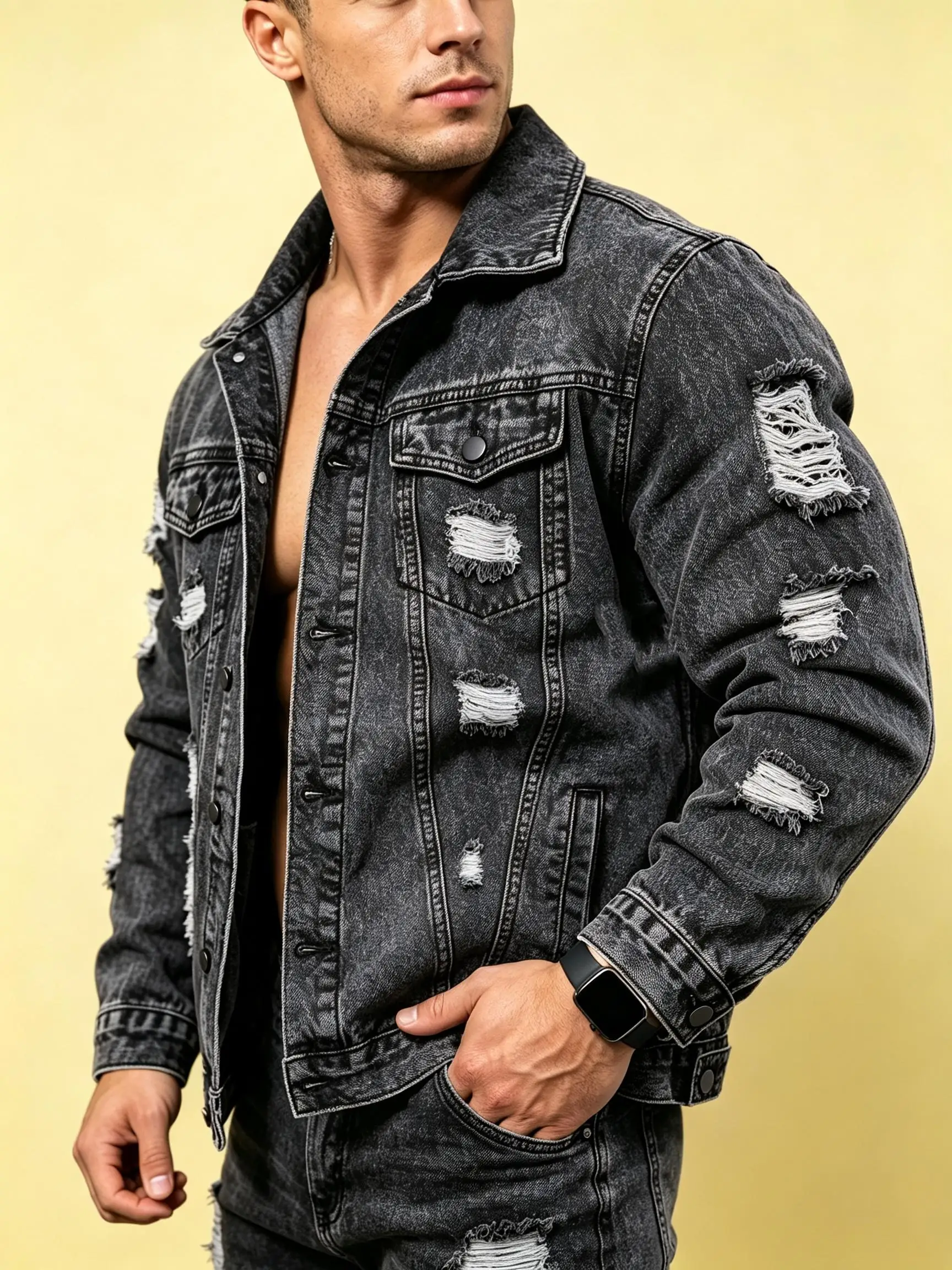 Immagine 5: Giacca di jeans con colletto stile retrò Y2K, abbigliamento esterno in stile urbano americano, regalo perfetto per fidanzato o marito.
