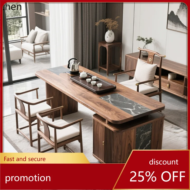 

YFY Simple Modern New Chinese Style North Black Walnut Solid Wood Tea Table and Chair Set Modern Light Luxury Home Tea Table
