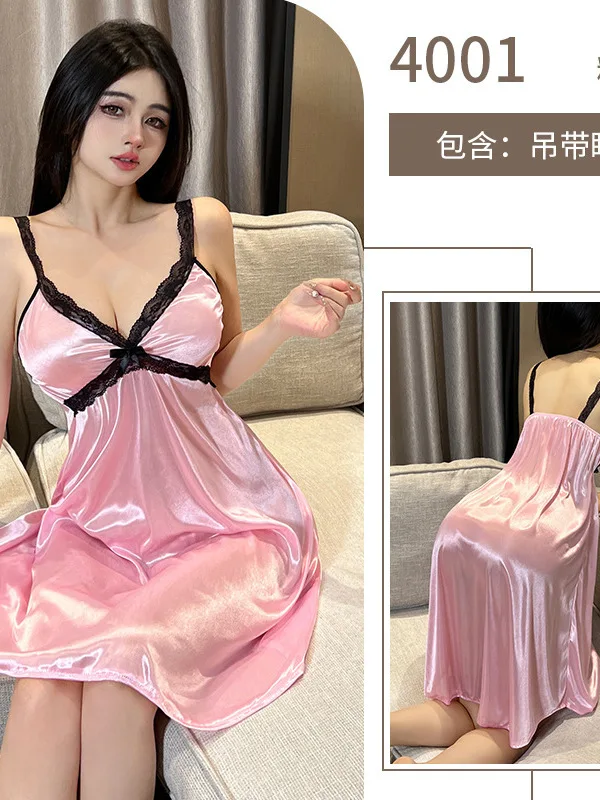 Suspender Nightgown For Summer Women, Backless, Pure Desire Thin Satin Clothes Dress Elegant Pink Sweet Korean Women F57K