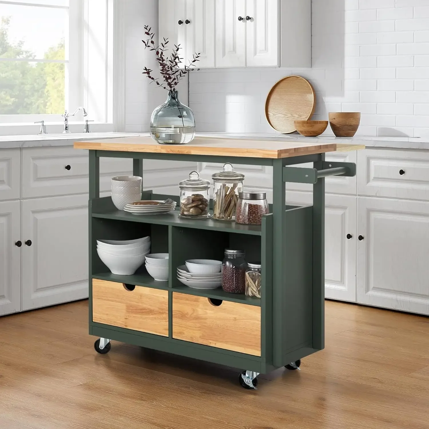 

z Kitchen Island Cart on Wheels - Butcher Block Island Table for Food Prep Rolling Kitchen Trolley with Storage