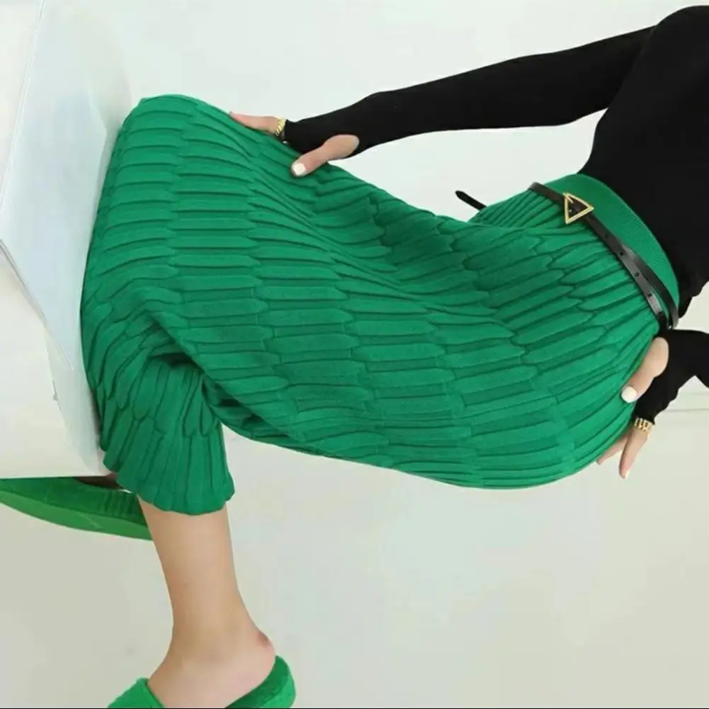 

2025 Women Midi Skirt Ribbed Knit Pencil Skirt Women Autumn Spring High Waist Knitting Skirt Vintage Knitting Female Chic Skirts