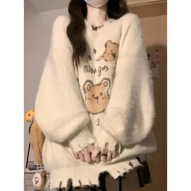 QWEEK Y2k Bear Print Sweater Knitted Soft Pullovers Women Long Sleeve Autumn Winter Korean Style Casual Loose Hooded Outerwears