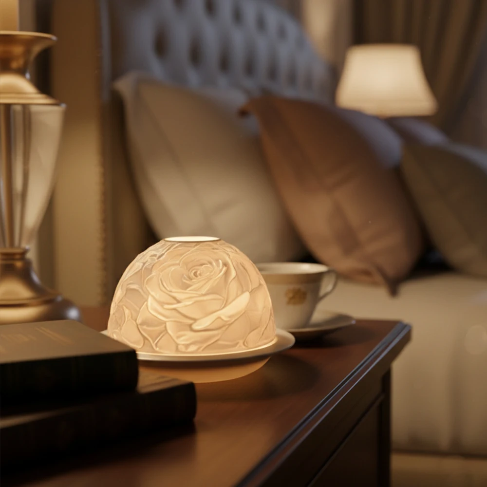 Elegant Rose Porcelain Candle Holder Warm Glow Night Light for Living Room Bedroom Romantic Wedding