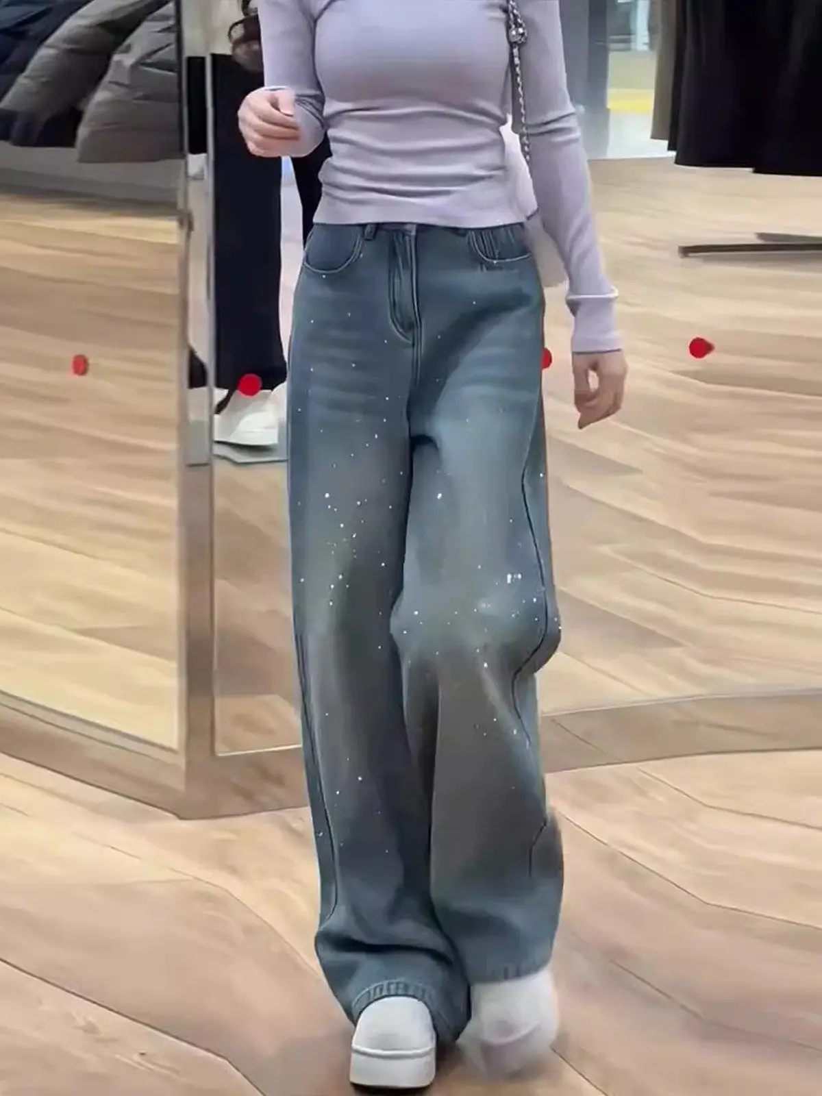 Thermal Fleece High Waist Wide Leg Jeans Women's New Style Winter Slim Straight Cut Tapered Bootcut Denim Pants Diamond Studded