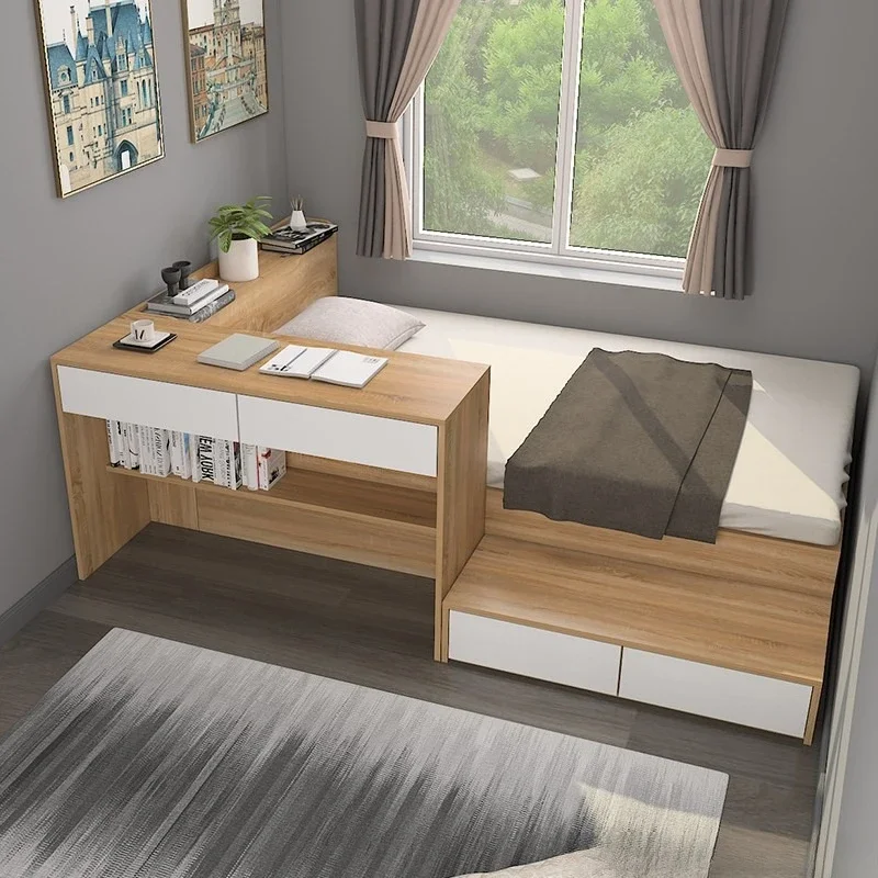 Modern simple single bed Small apartment tatami bed Desk integrated children's bed cabinet combination Multifunctional