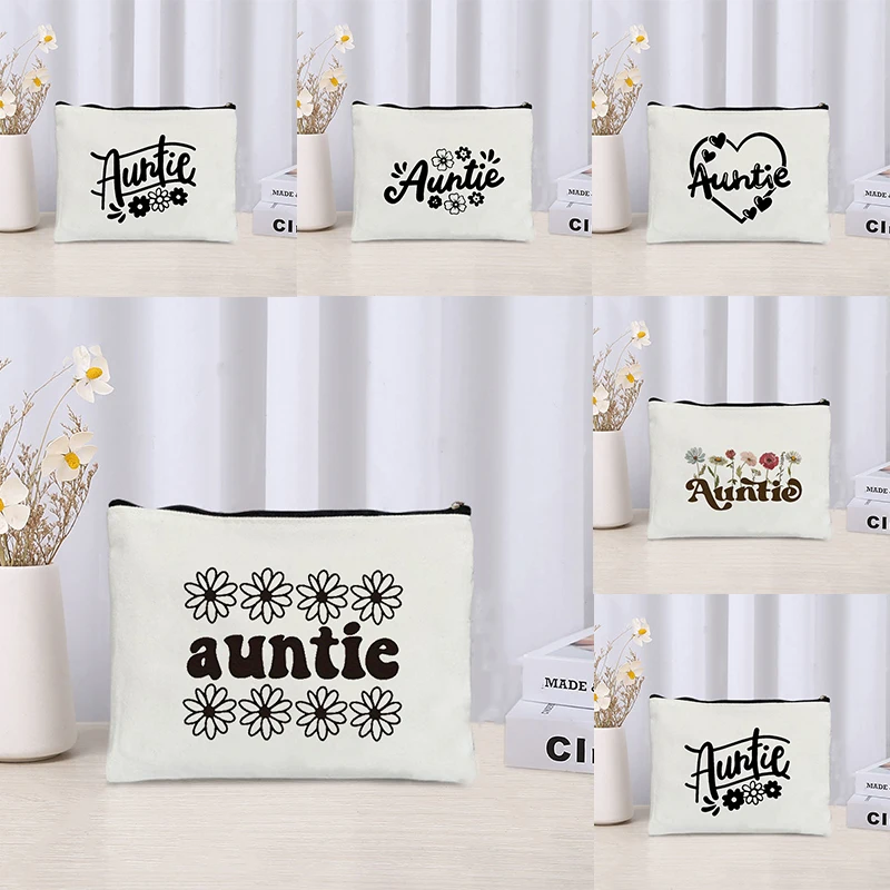 Auntie Flowers Printed Canvas Cosmetic Bag Office Supplies Storage Pencil Bag Wallet Travel Perfume Lipstick Pouch Gift for Aunt