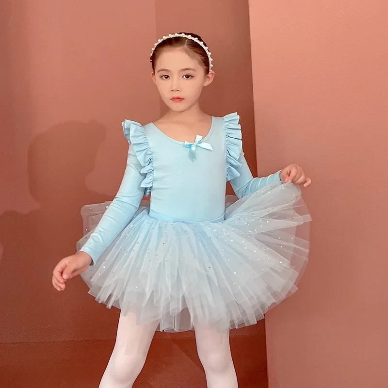 

Детские балетные купальники с длинным рукавом и блестящей юбкой для танцев (для малышей/детей постарше) с пайетками, блестками, бантом и тюлевым пышным подолом, спортивные, розовые