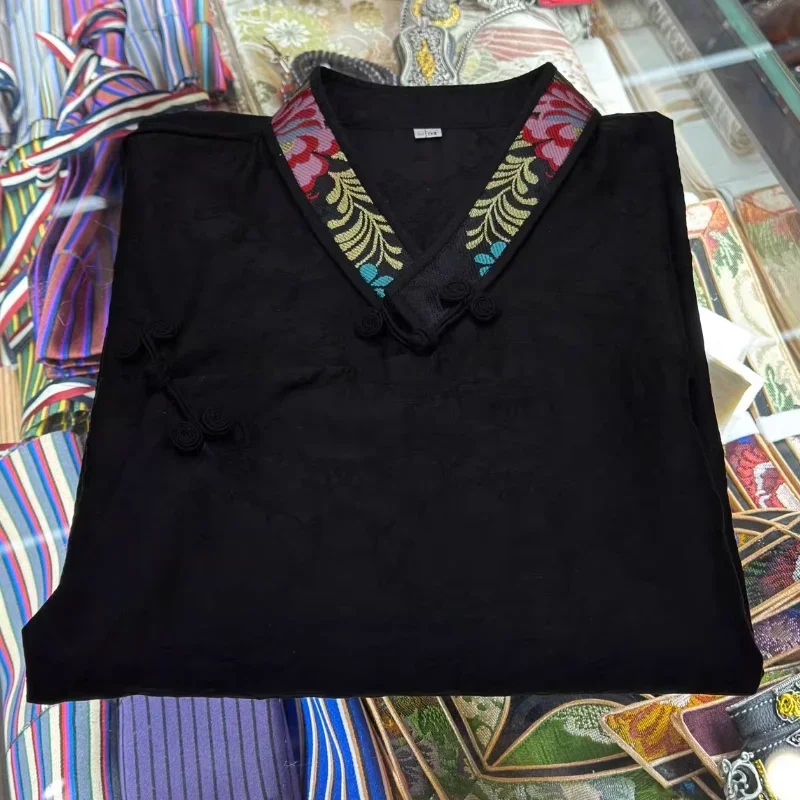 Chińska koszula tybetańska Xizang z dekoltem w kształcie litery V, damska bawełna Retro Tiansi