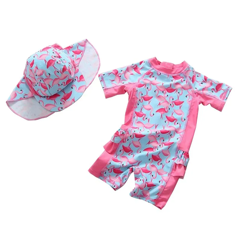 

Children's Swimsuit Girl 1 Year One Pieces Pink Flamingo Swimsuit+Hat Girl's Cute Bathing Suit Baby Girl UV Protection Swim Suit