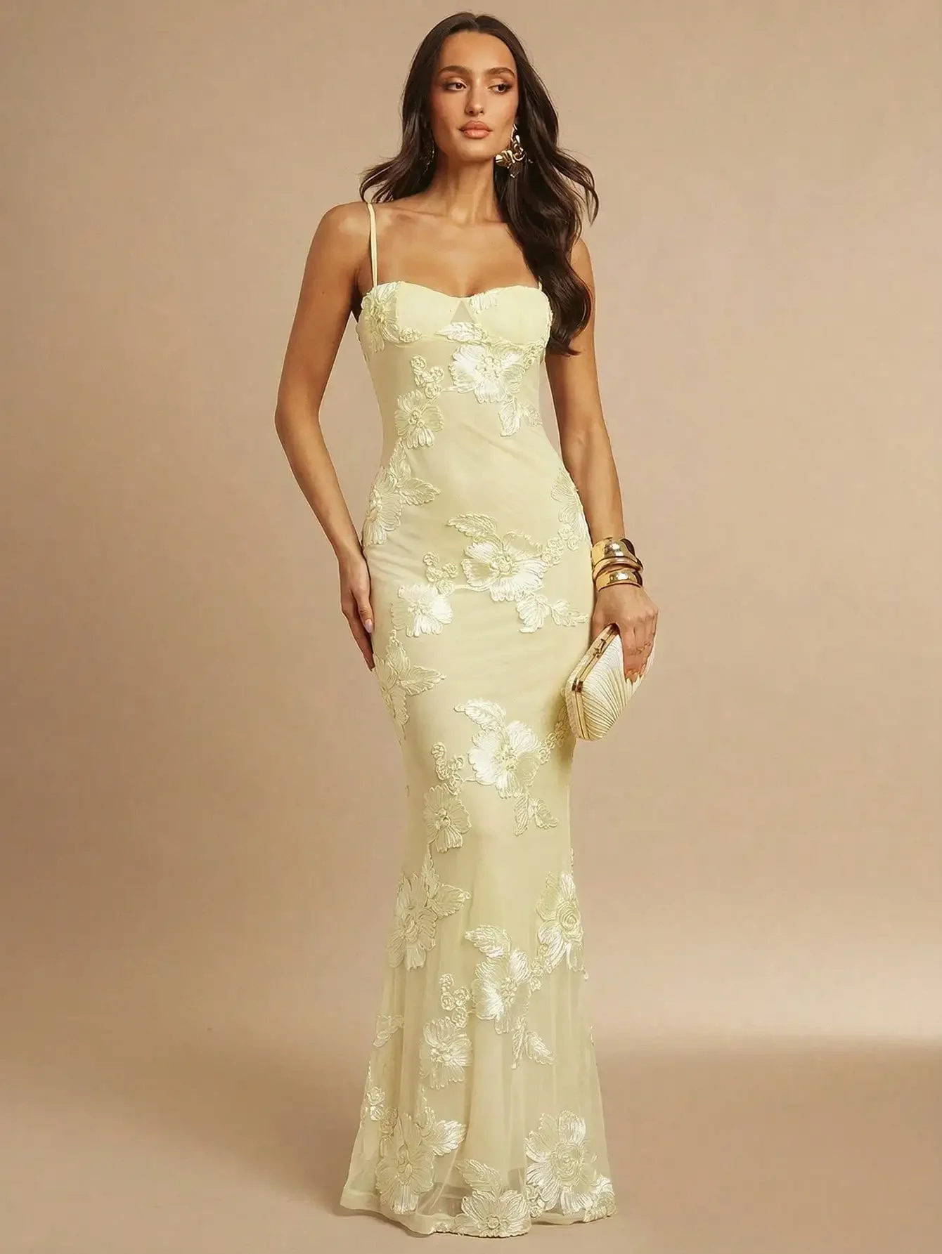 Womens Elegant Floral Embroidered Mermaid Slim Fit Sleeveless Evening Dress