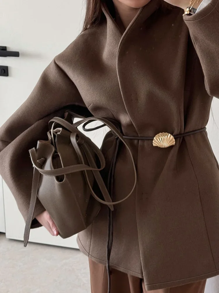 

Solid Woolen Coats For Women Elegant Full Sleeves High Waist Loose Outfit Fashionable Autumn Commute Daily Lady Street Jacket