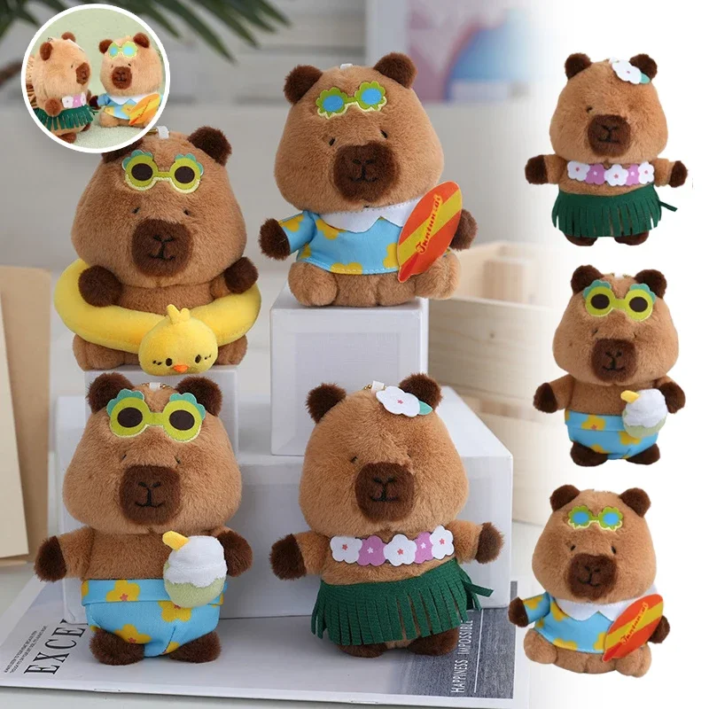 

13cm Capybara Keychain Plush Stuffed Animal Toy Hawaiian Summer Swimming Ring Skateboard Accessory Gift for Kids Adults