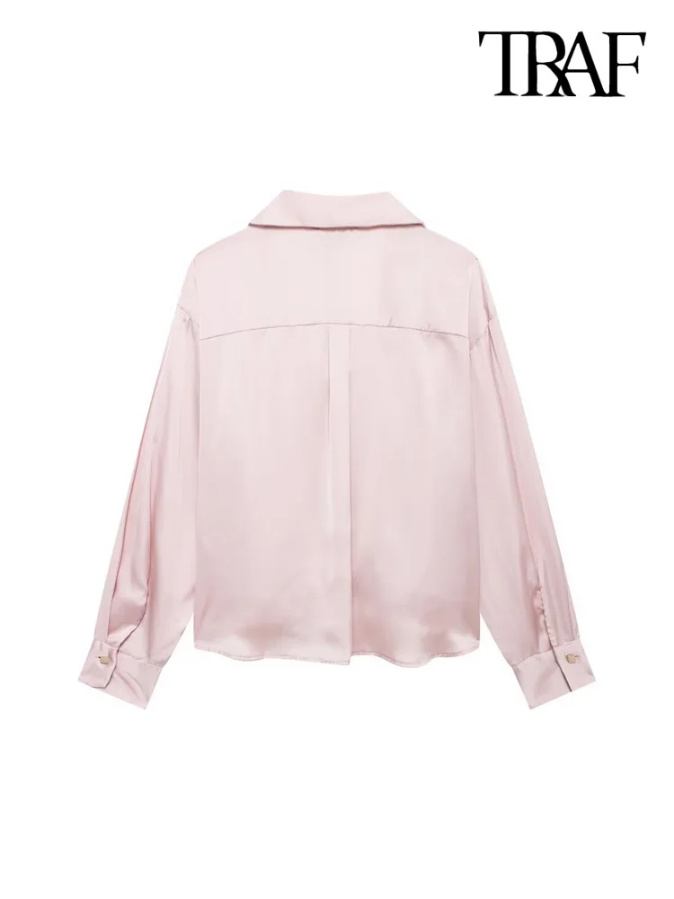 TRAF-With Knot Satin Flowing Loose Shirts for Women, Long Sleeve, Front Button, Female Blouses, Chic Tops, Fashion