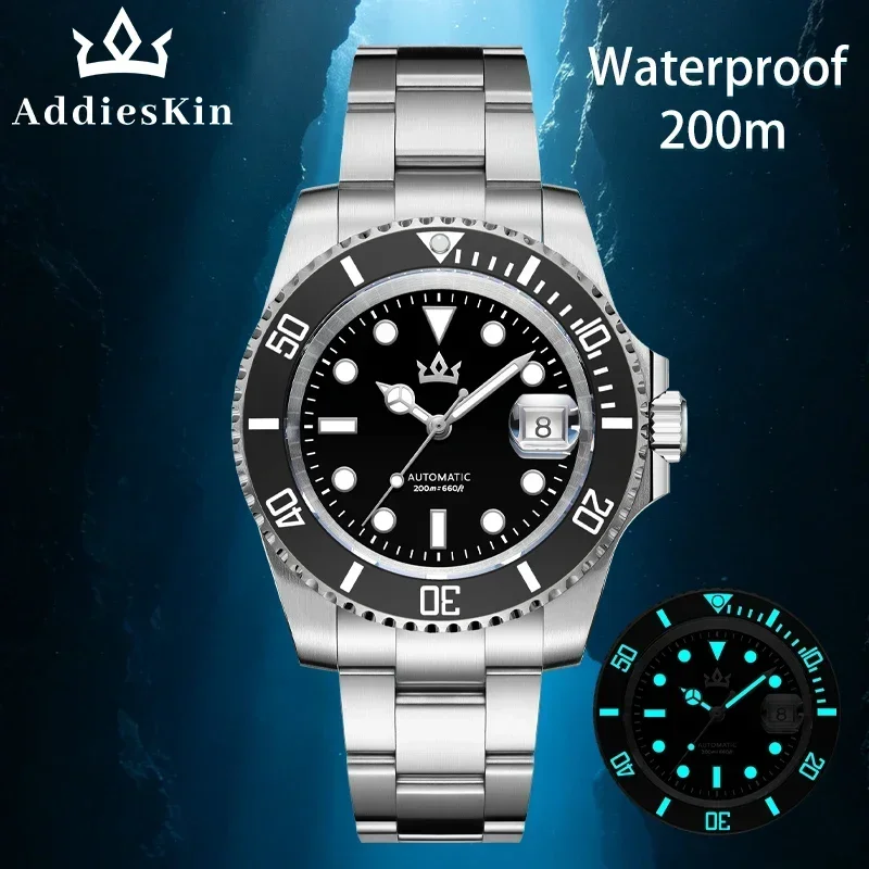 AddiesKin Automatic Watch for Men Luxury Diver Watch Sardonyx Dial 316L Stainless Steel Bracelet BGW9 Luminous 200M Waterproof