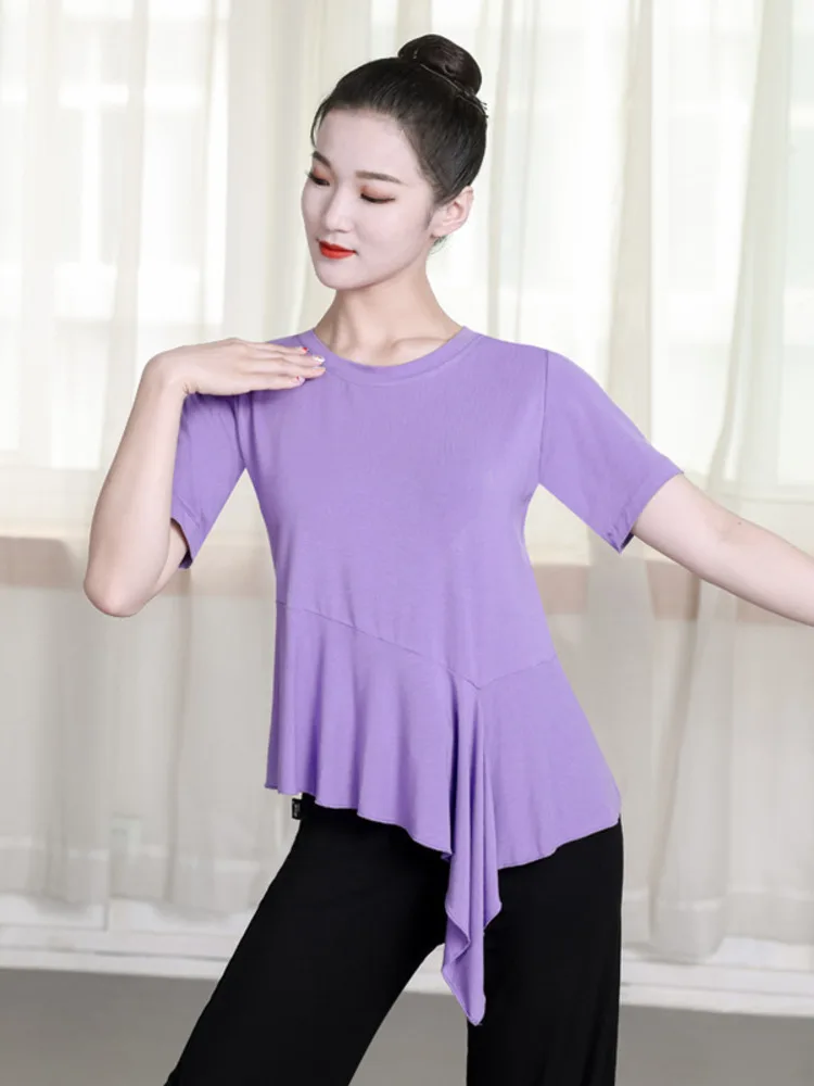 Round Neck Latin Dance Practice Tops Belly Wear Costume Classical Ruffle Competition For Prom Women Waltz Jazz Stage T-shirt